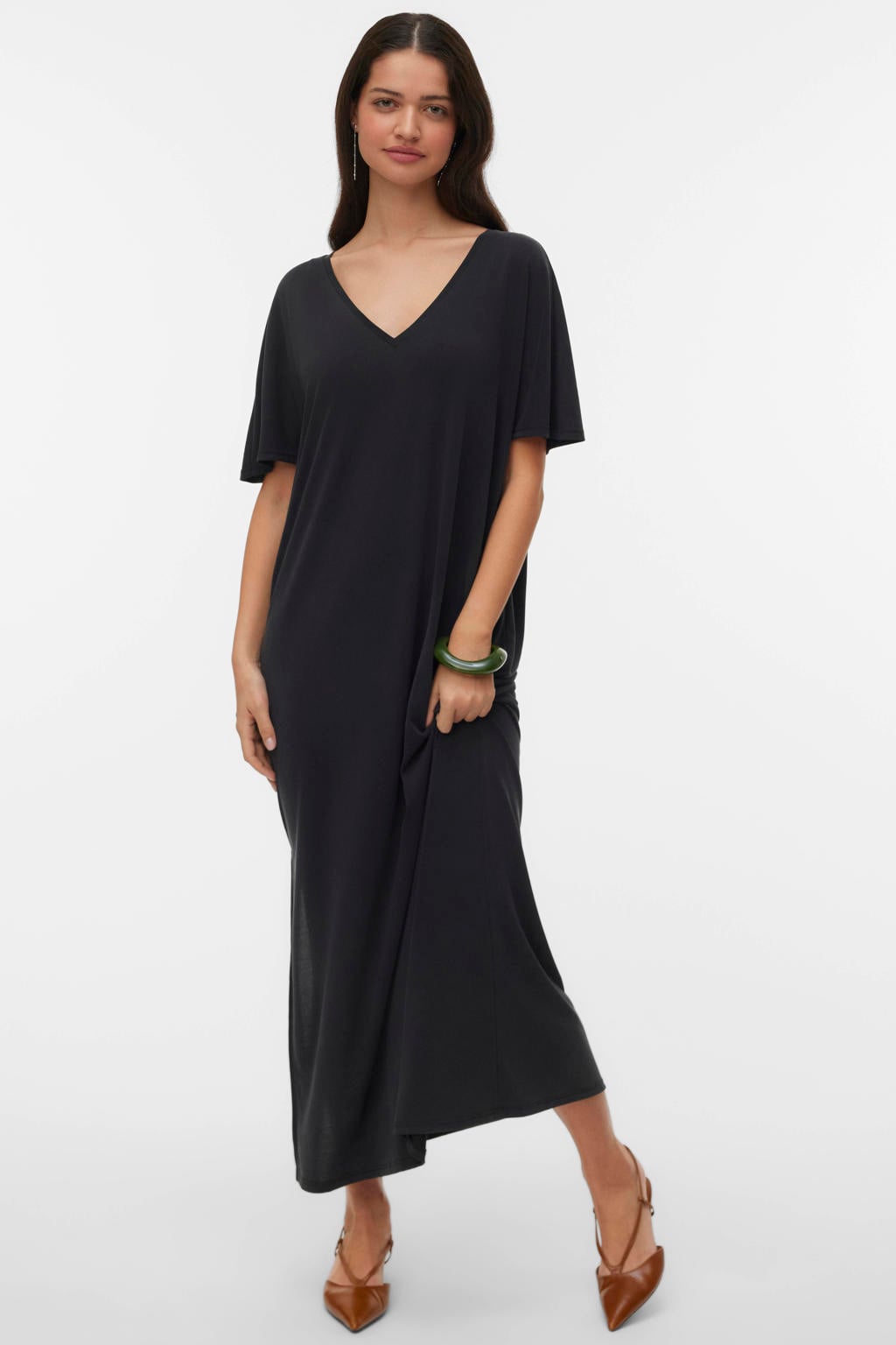 Zwarte dames VERO MODA maxi jurk van tencel met effen, korte mouwen en V-hals