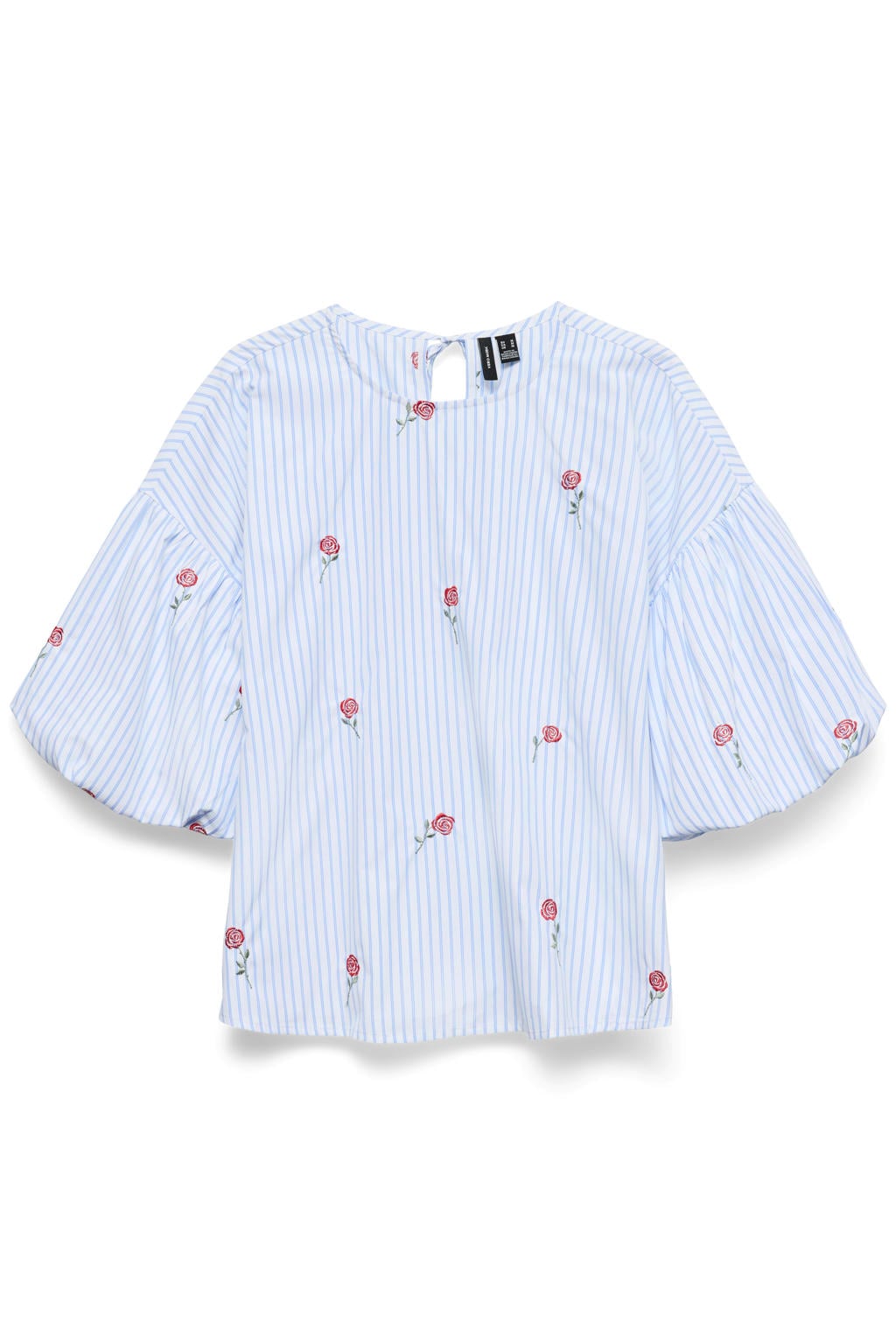 Lichtblauwe dames VERO MODA gestreepte top van polyester met driekwart mouwen, ronde hals en borduursels