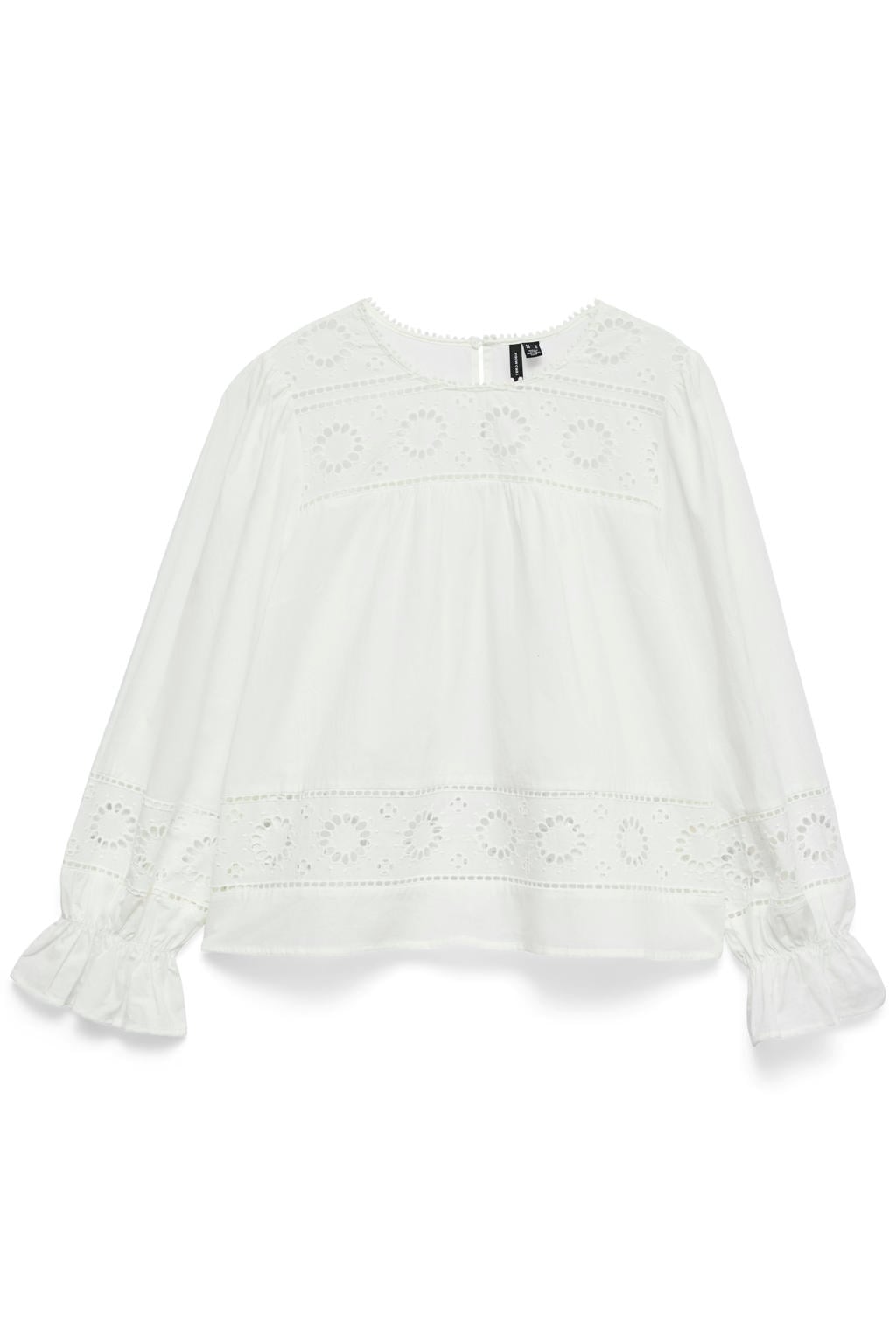 Witte dames VERO MODA broderie top met effen, lange mouwen en ronde hals