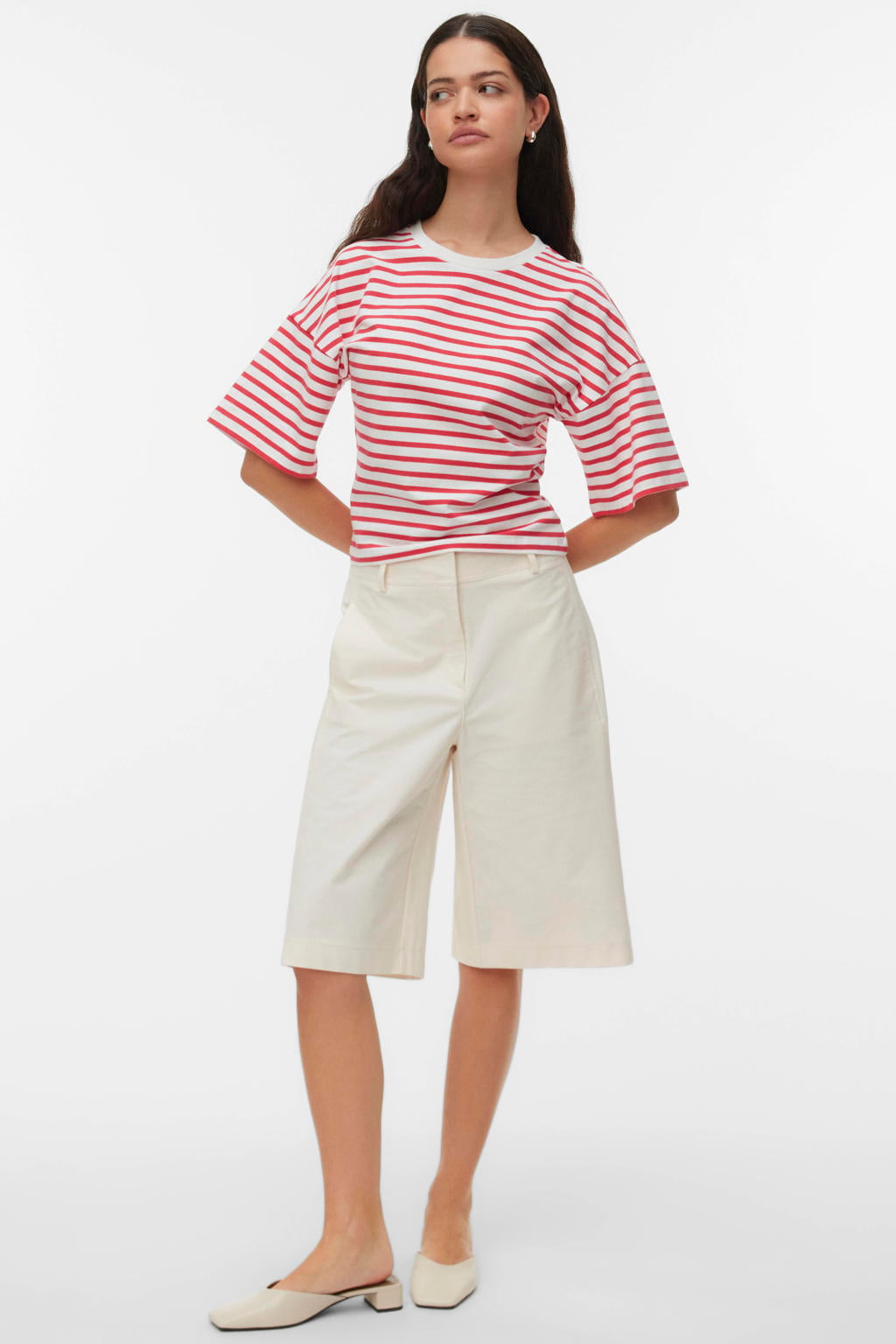 Rood en witte dames VERO MODA gestreept T-shirt van katoen met korte mouwen en ronde hals