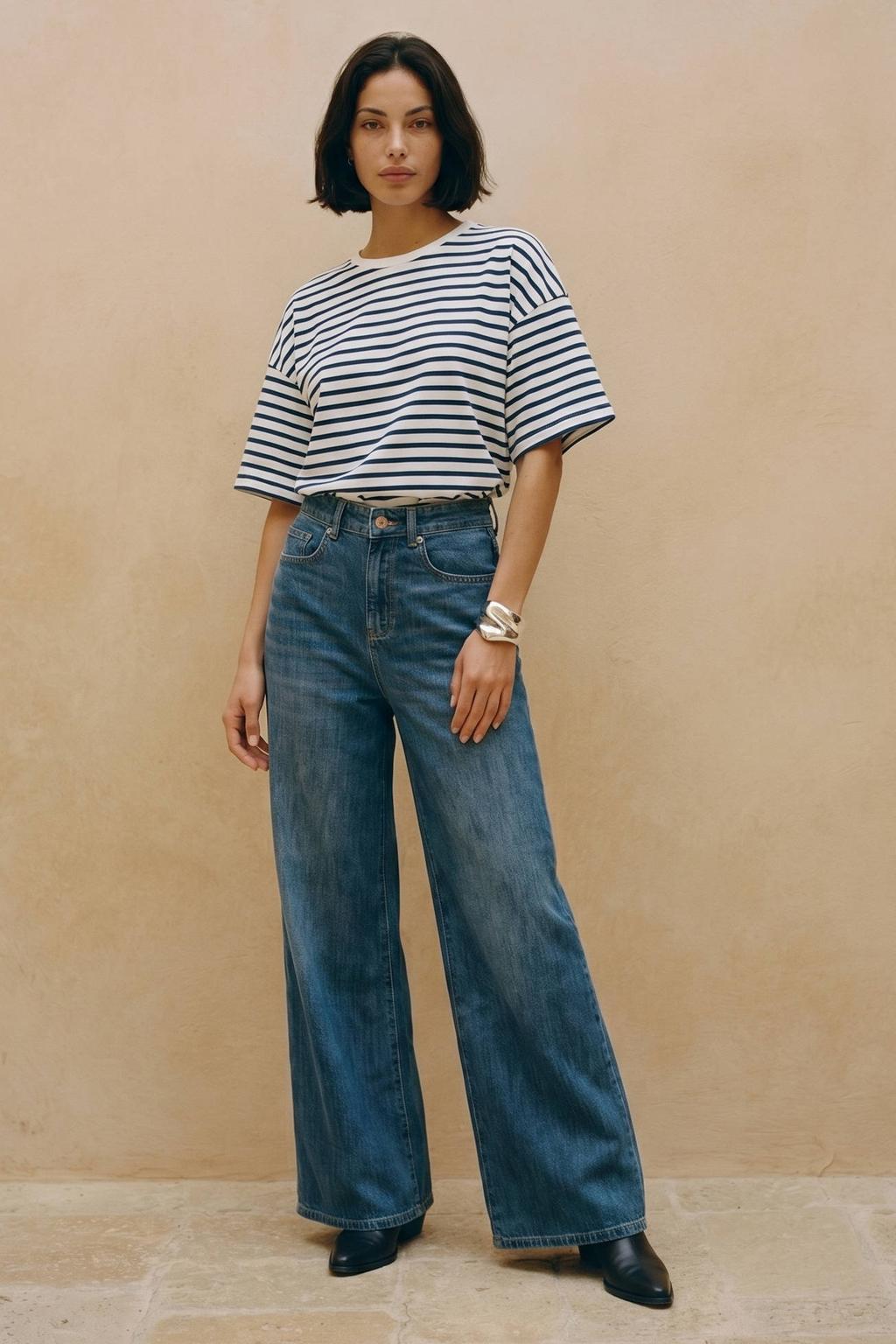 Donkerblauw en witte dames VERO MODA gestreept T-shirt van katoen met korte mouwen en ronde hals
