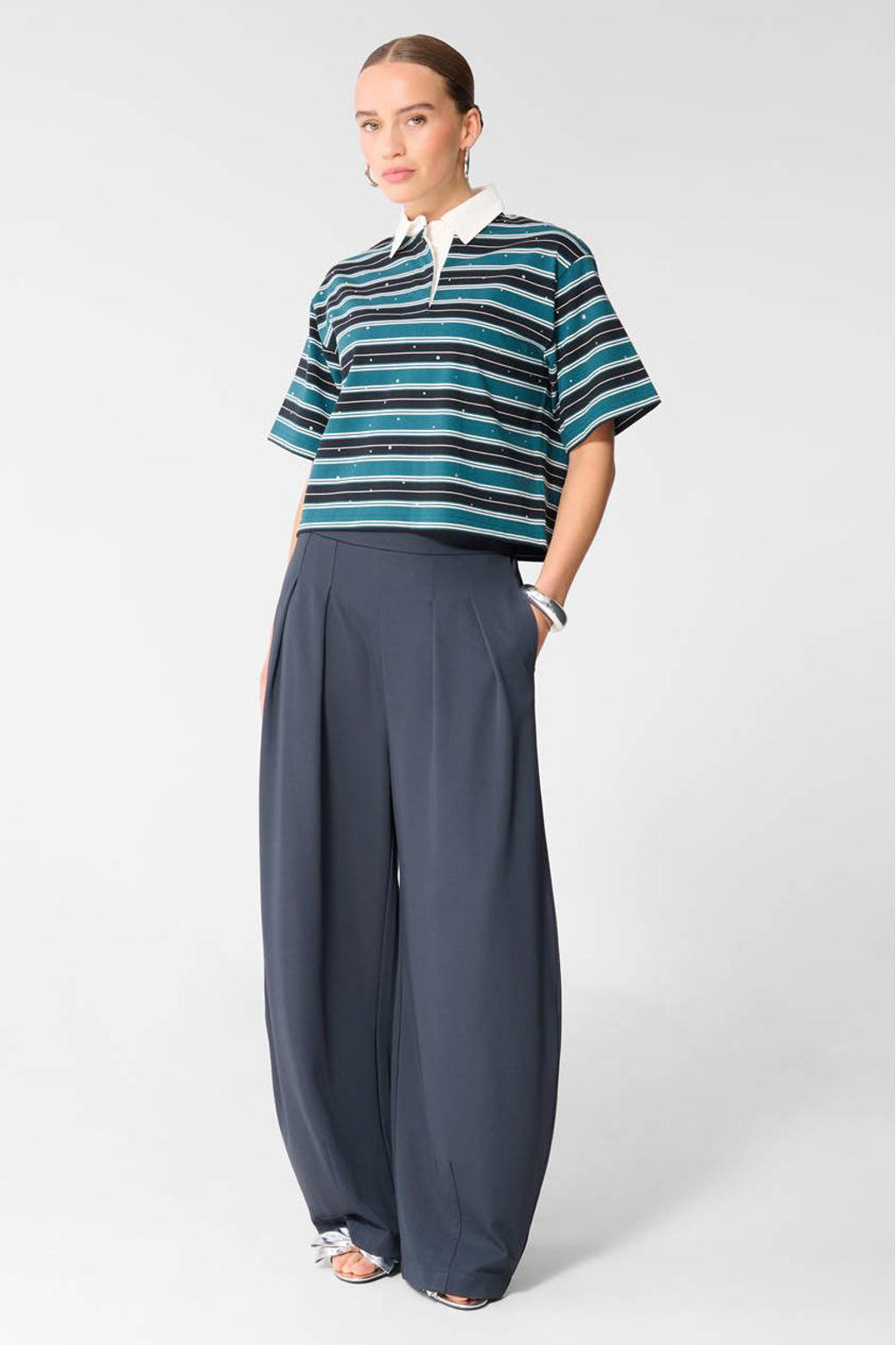 Donkerblauwe dames Shoeby balloon broek van polyester met barrel, high waist, elastische tailleband en effen