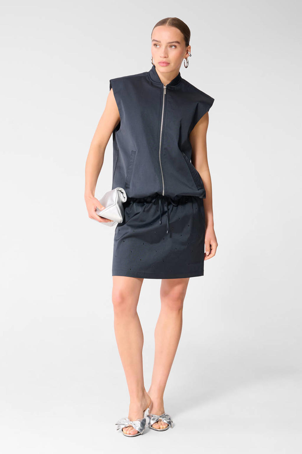 Donkerblauwe dames Shoeby gilet van polyester met effen, ronde hals en ritssluiting
