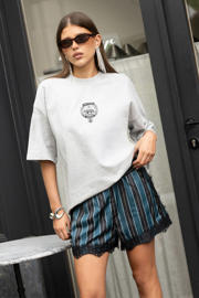 thumbnail: Blauw en zwarte dames Shoeby van polyester met straight fit, high waist, elastische tailleband en strepenprint
