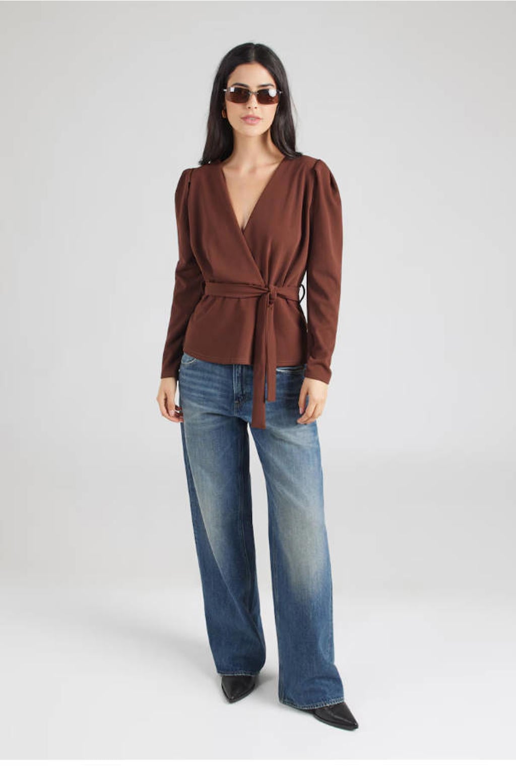 Bruine dames SisterS Point overslagtop van polyester met effen, lange mouwen, striksluiting en ceintuur