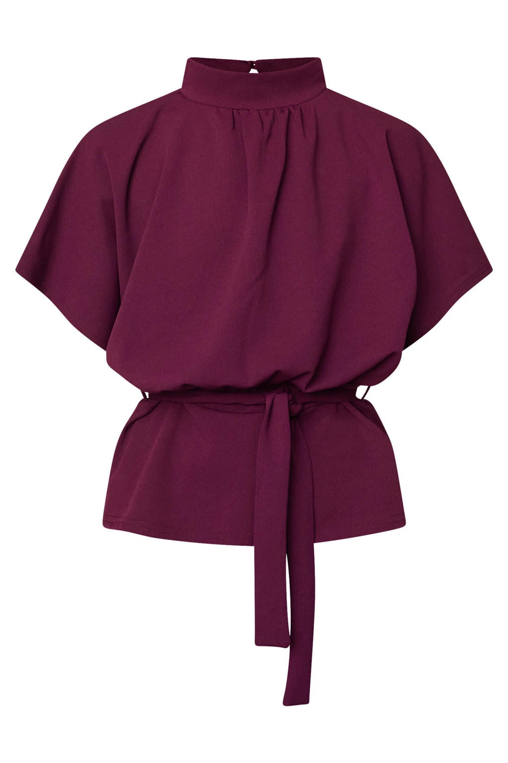Aubergine dames SisterS Point aansluitende blousetop van polyester met effen, korte mouwen, opstaande kraag, striksluiting en ceintuur