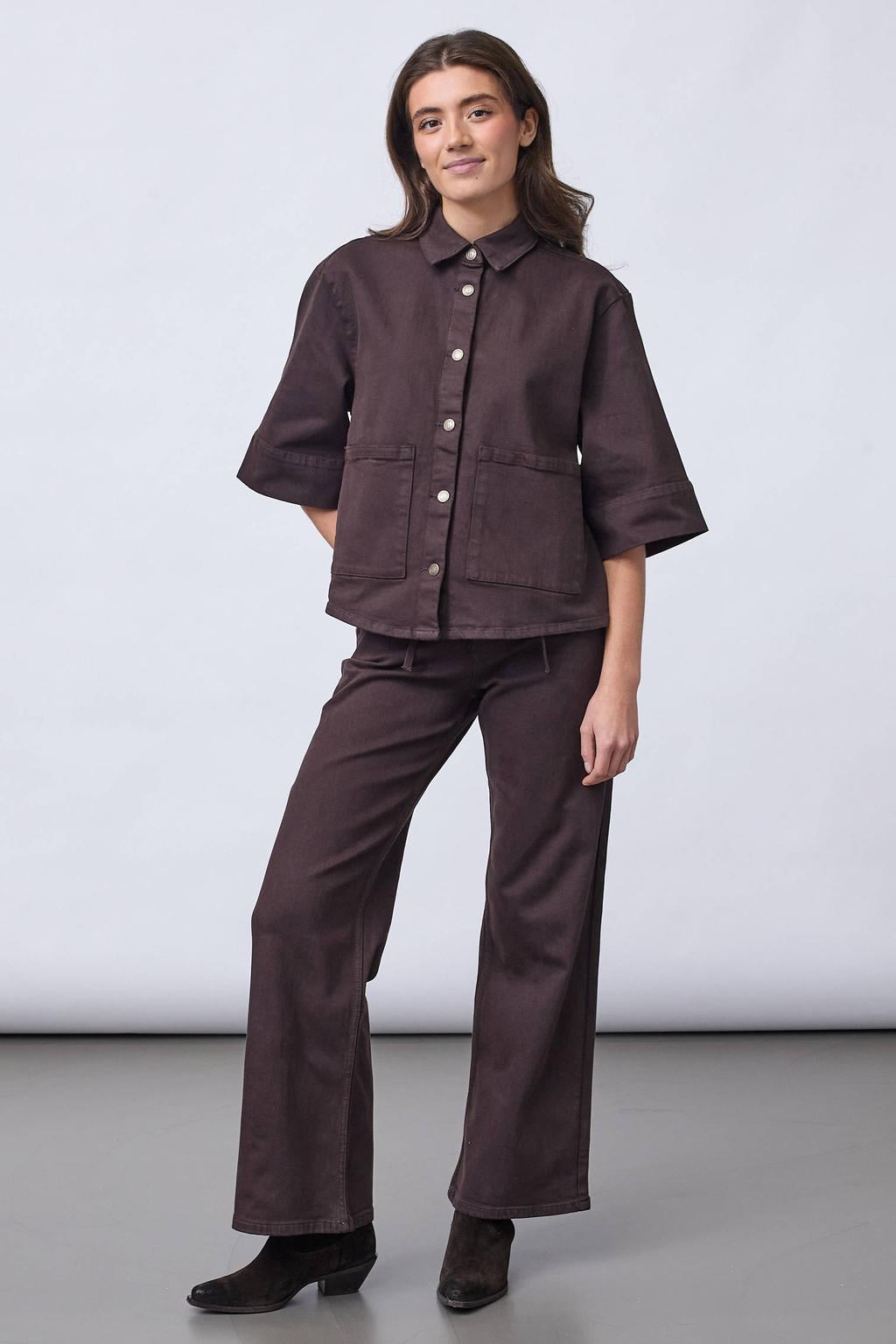 Donkerpaarse dames SisterS Point blouse van denim met effen, driekwart mouwen, klassieke kraag en knoopsluiting