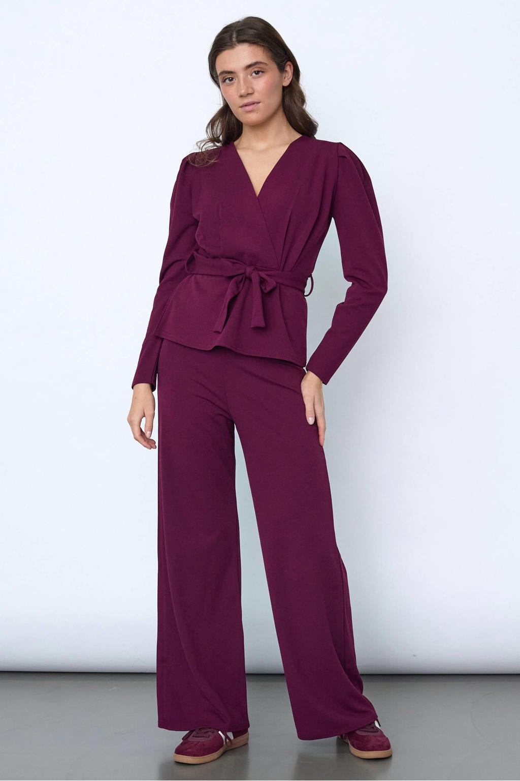 Paarse dames SisterS Point overslagtop van polyester met effen, lange mouwen, striksluiting en ceintuur
