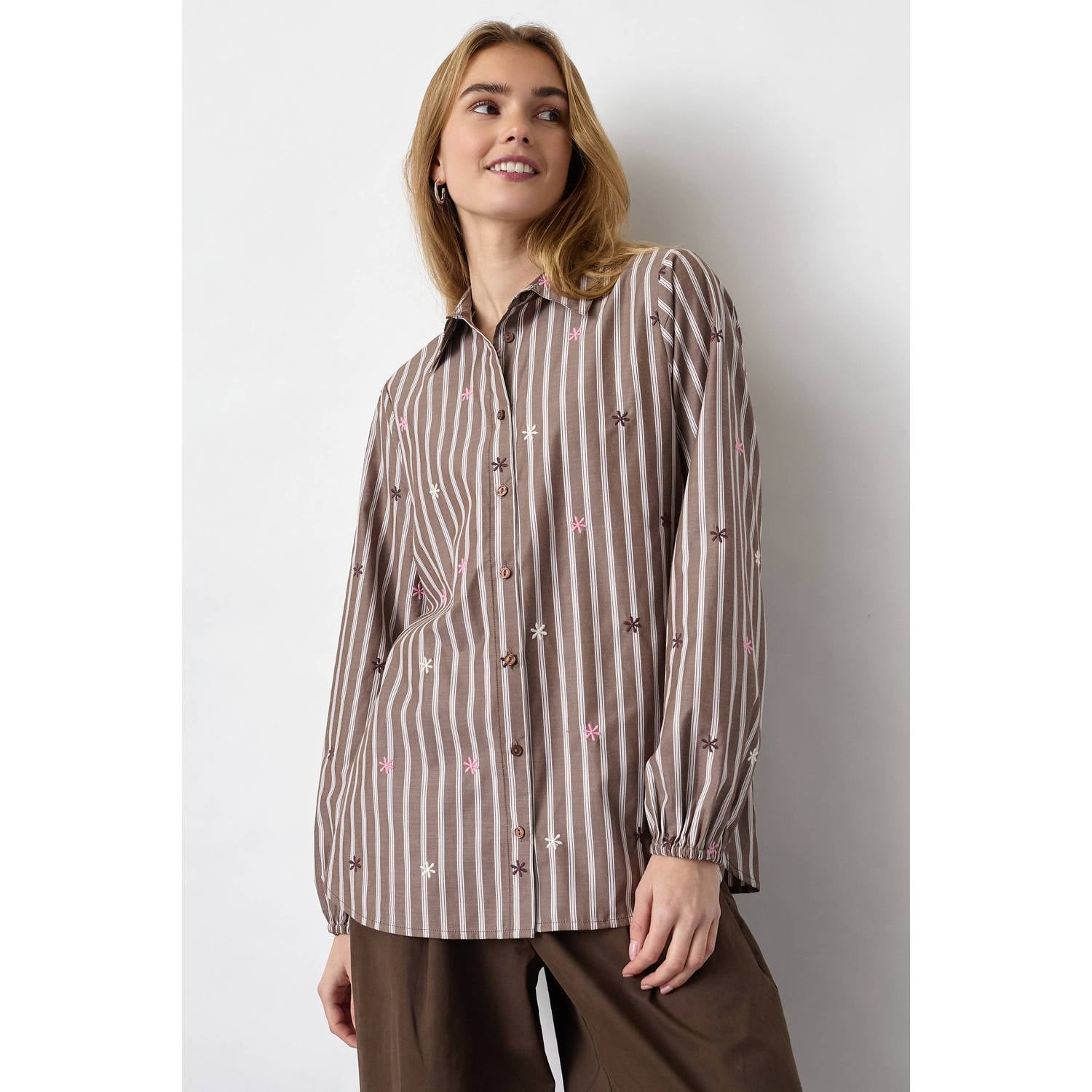 SisterS Point gestreepte blouse met borduursels bruin