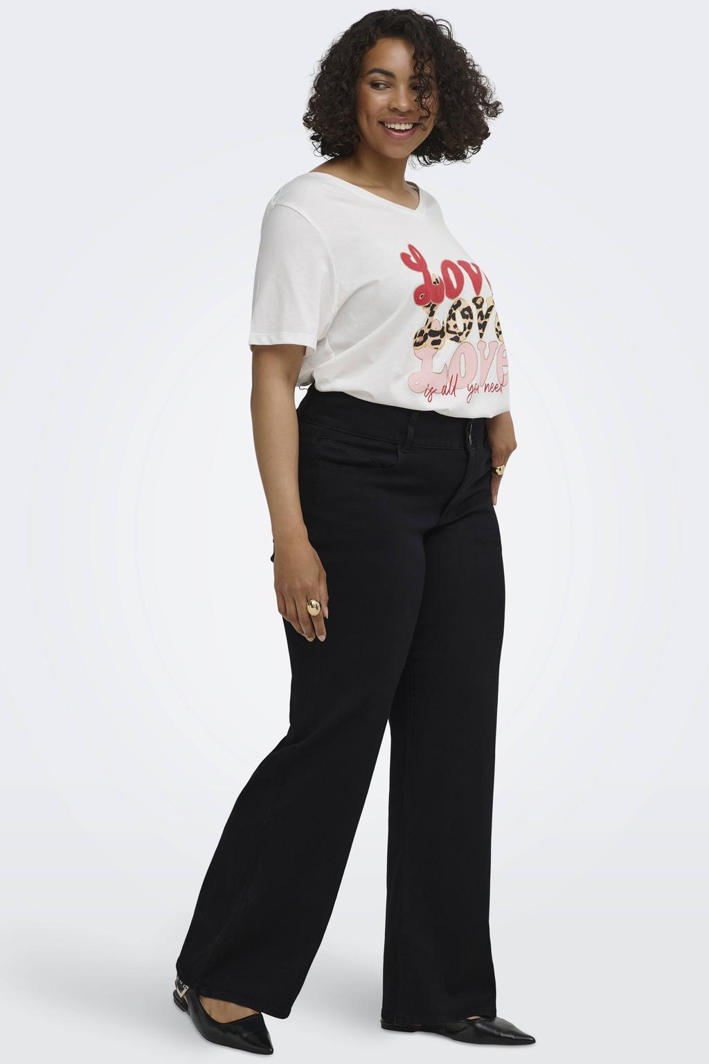 Zwarte dames ONLY CARMAKOMA high waist wide leg jeans Plus Size van denim met rits- en knoopsluiting en effen