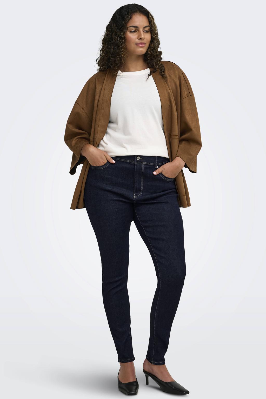 Dark blue denim dames ONLY CARMAKOMA regular waist skinny jeans Plus Size van denim met rits- en knoopsluiting en effen