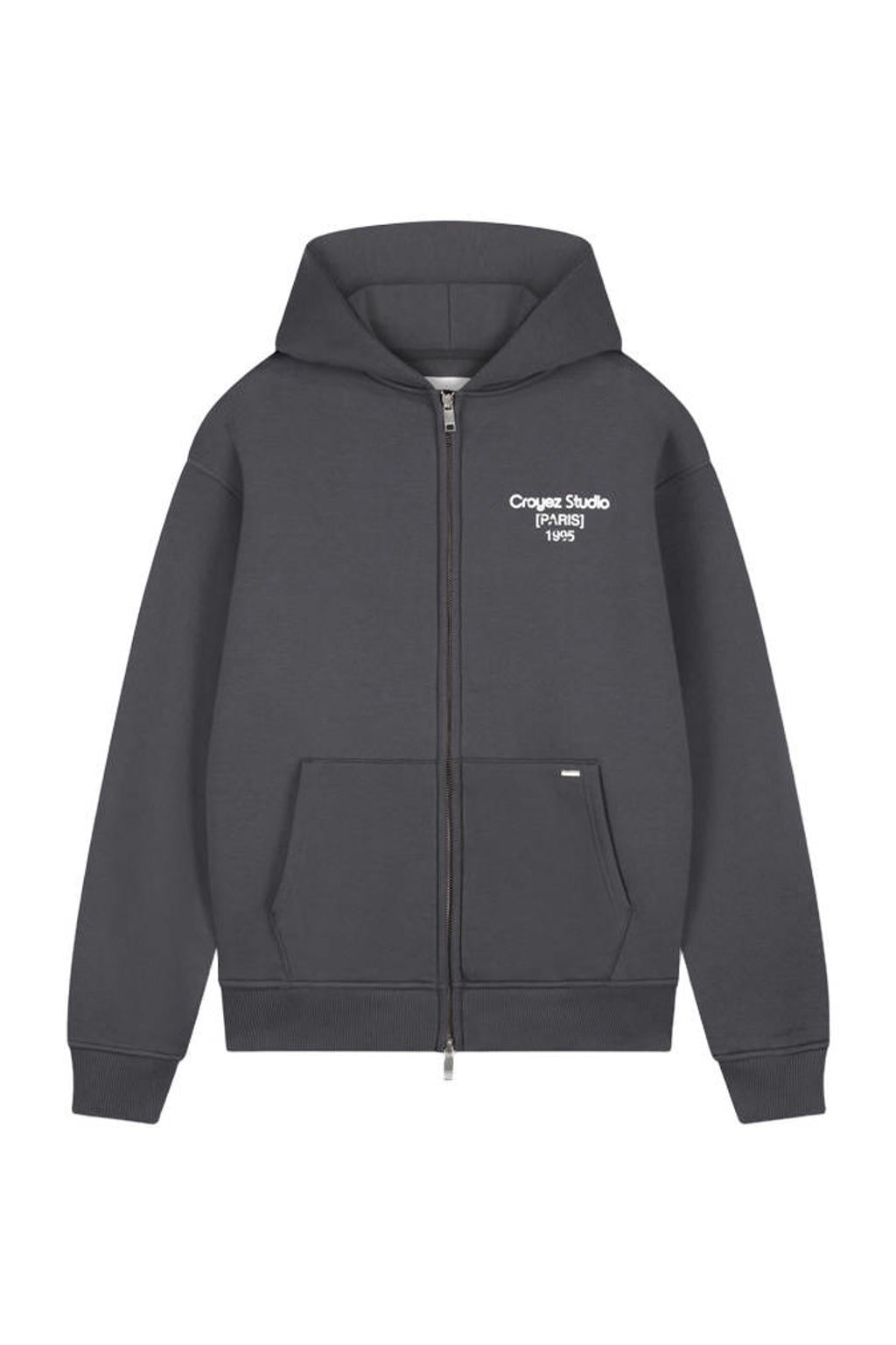 Grijze heren Croyez sweatvest met backprint, lange mouwen, capuchon en 2-way rits