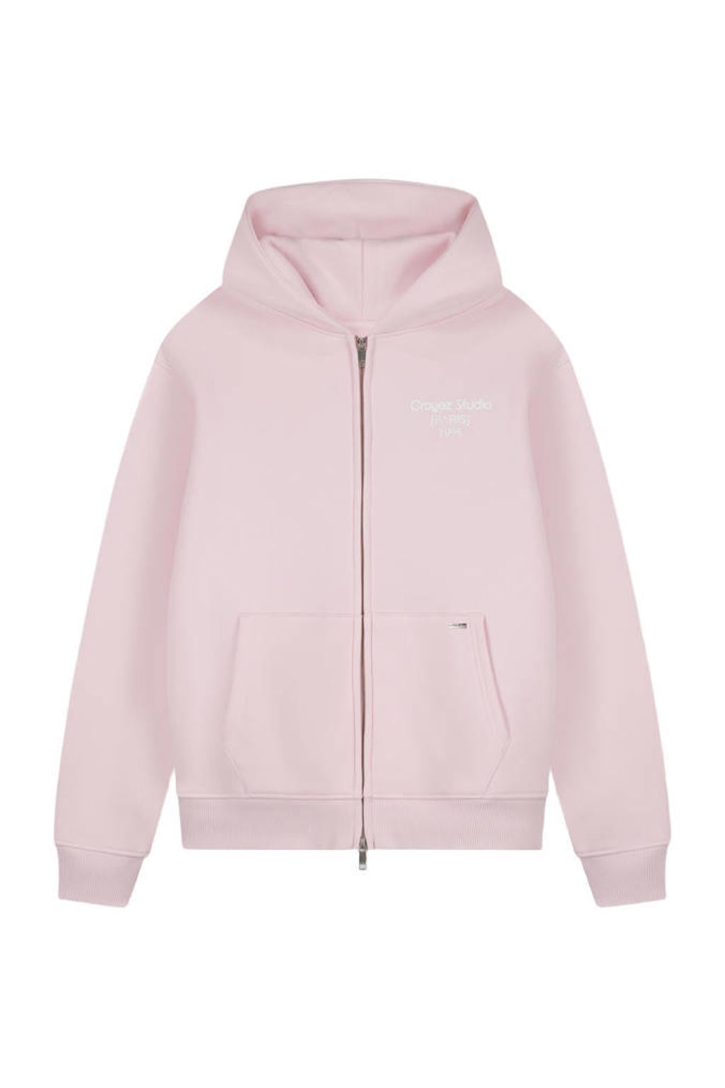 Lichtroze heren Croyez sweatvest met backprint, lange mouwen, capuchon en 2-way rits