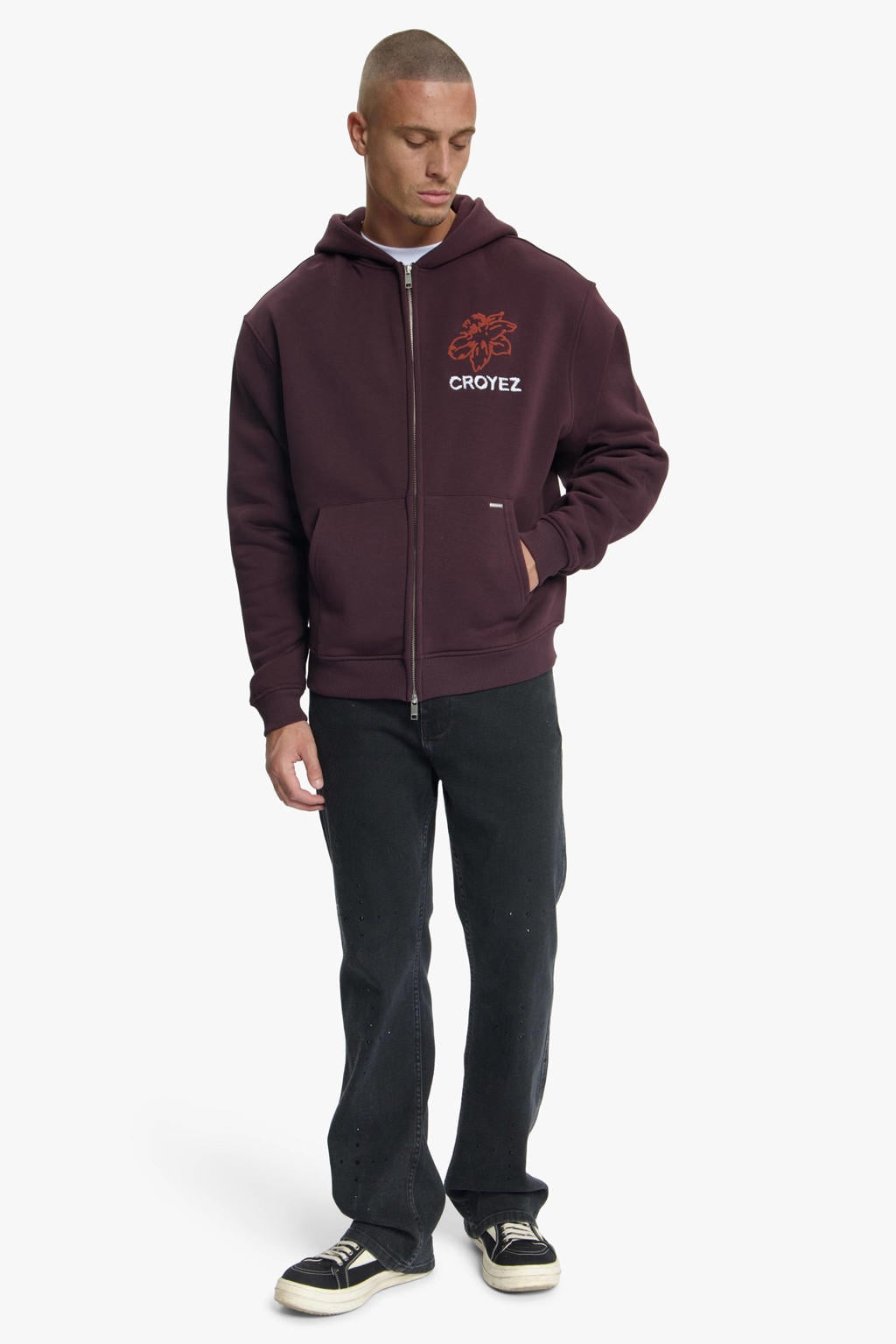 Donkerrode heren Croyez sweatvest met backprint, lange mouwen, capuchon, ritssluiting en borduursels