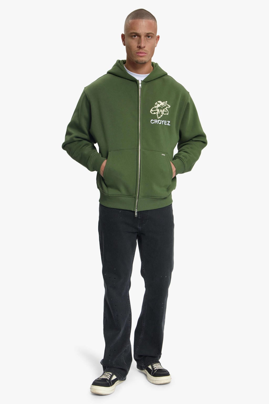 Donkergroene heren Croyez sweatvest en met backprint, lange mouwen, ritssluiting en borduursels