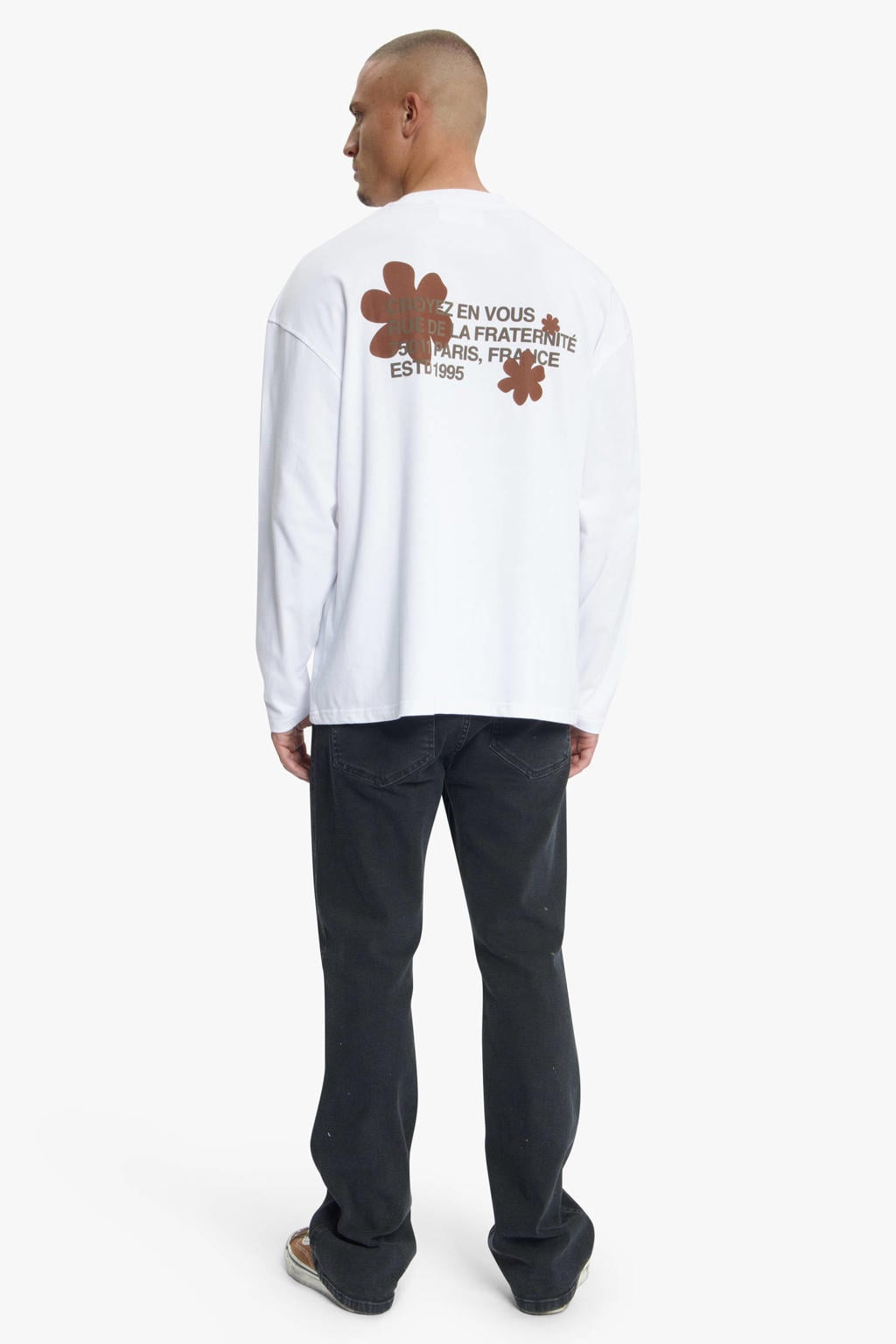 Witte heren Croyez relaxed fit longsleeve van katoen met lange mouwen, ronde hals en geribde boorden