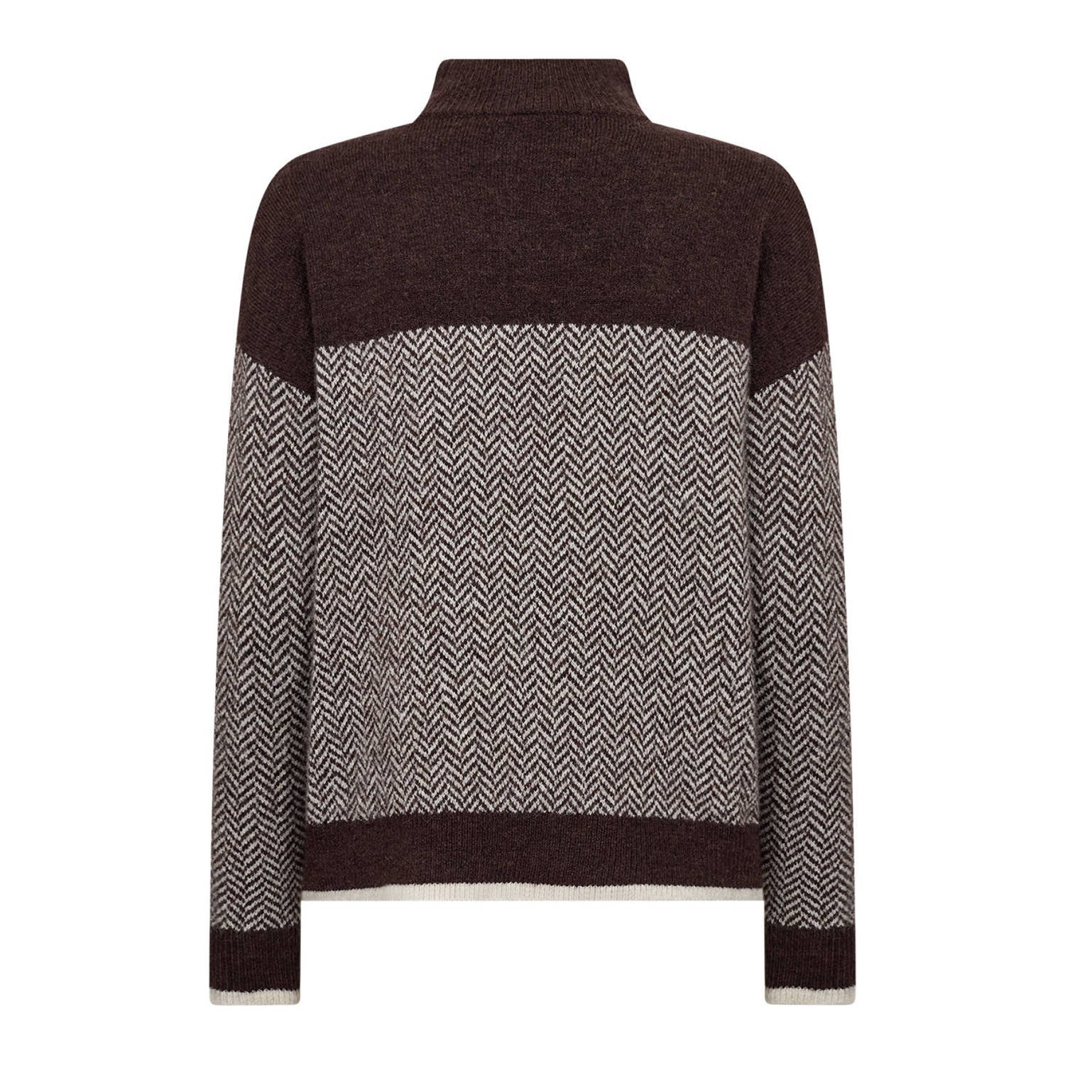 Soyaconcept gebreide coltrui met print en wol donkerbruin ecru