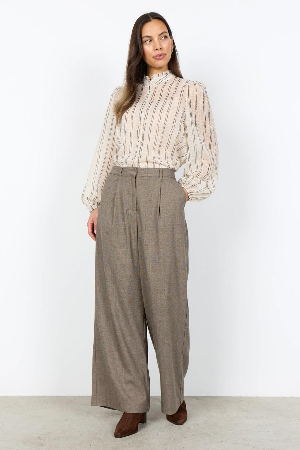 Taupe dames Soyaconcept wide leg gemêleerde broek met high waist en rits- en haaksluiting