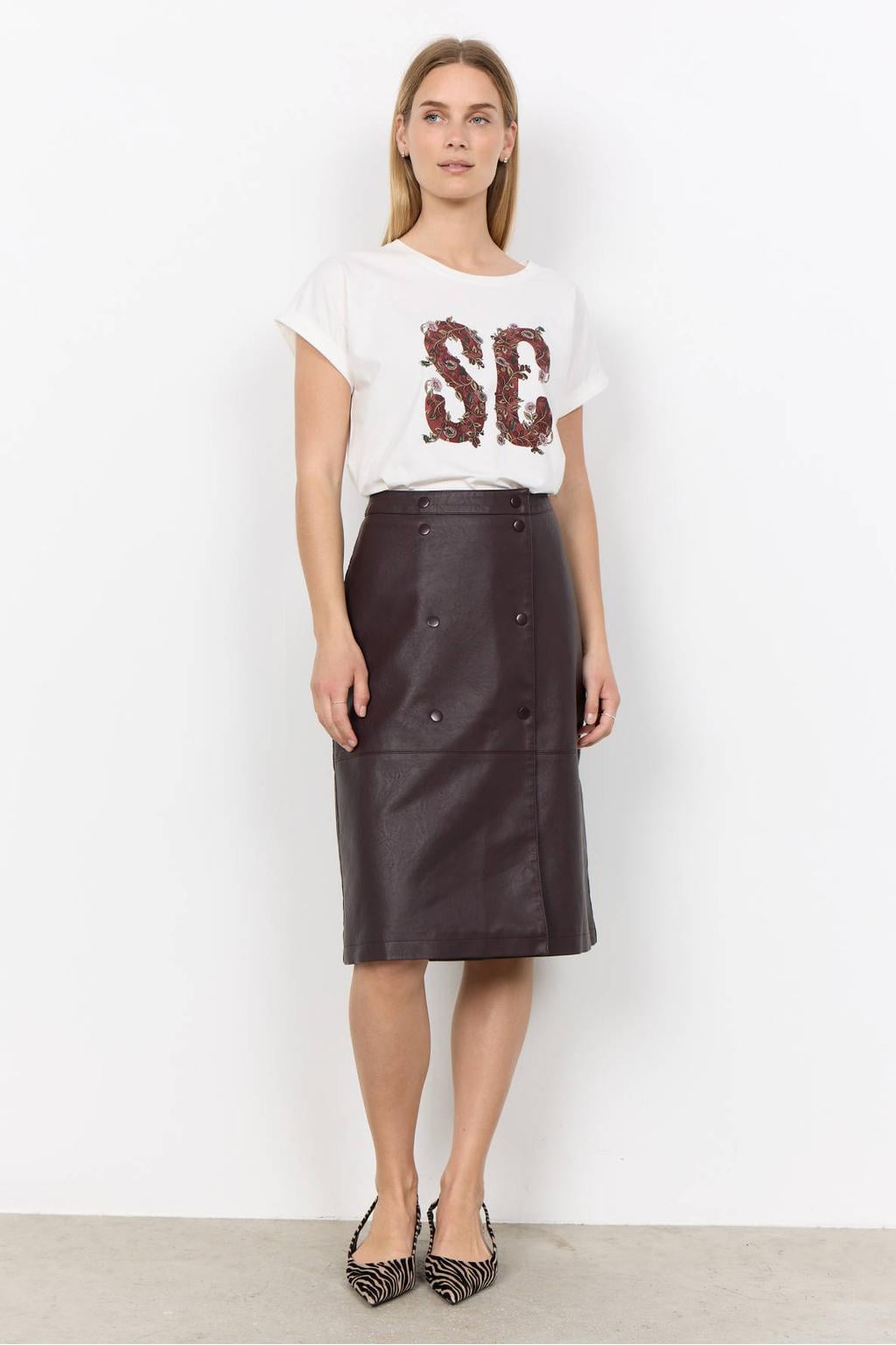 Soyaconcept imitatieleren cargo midi rok - donkerbruin