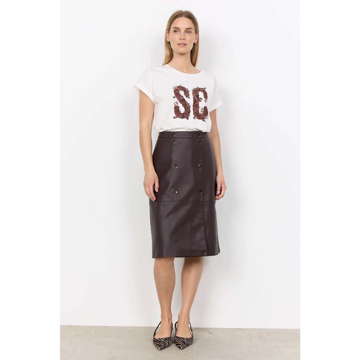 Soyaconcept imitatieleren cargo midi rok donkerbruin