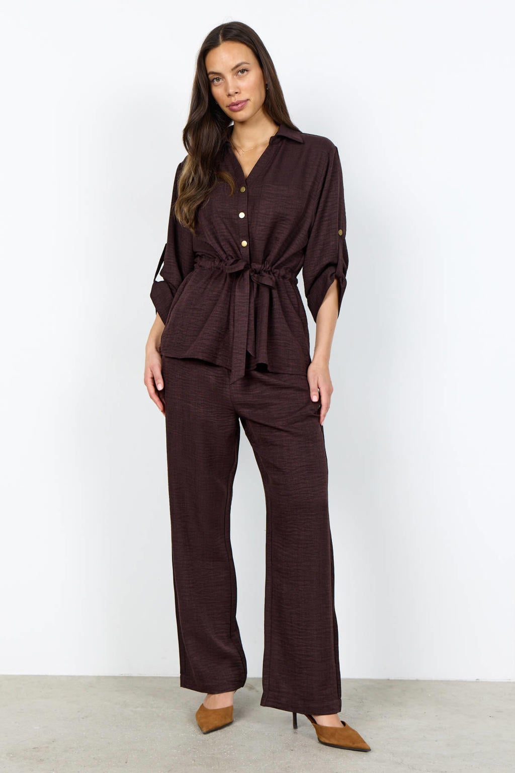 Donkerblauwe dames Soyaconcept blouse van polyester met effen, lange mouwen, klassieke kraag, knoopsluiting en ceintuur