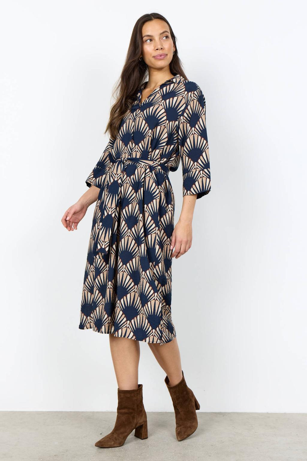 Donkerblauwe dames Soyaconcept midi jurk van viscose met driekwart mouwen en V-hals