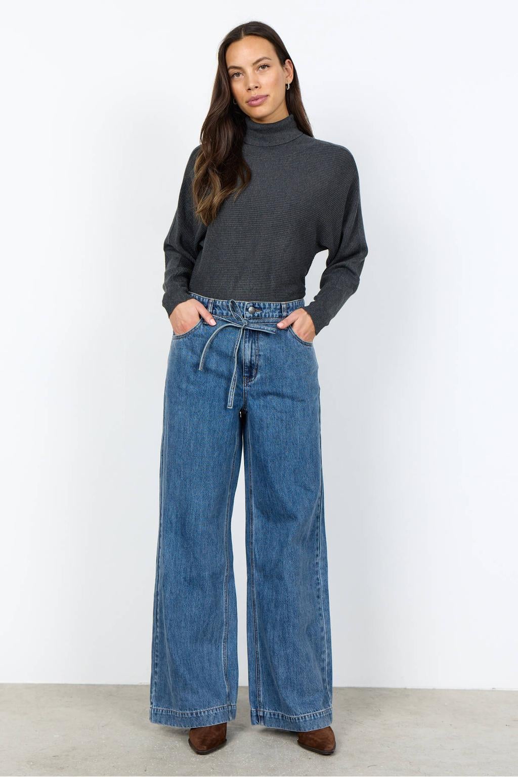 Medium blue denim dames Soyaconcept wide leg jeans van denim met high waist, rits- en knoopsluiting en effen