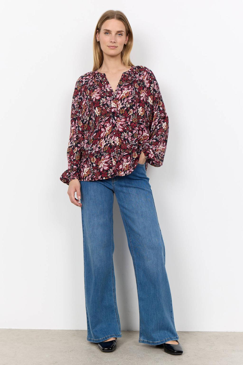 Multikleurige dames Soyaconcept gebloemde blouse meerkleurig van viscose met lange mouwen, V-hals en knoopsluiting