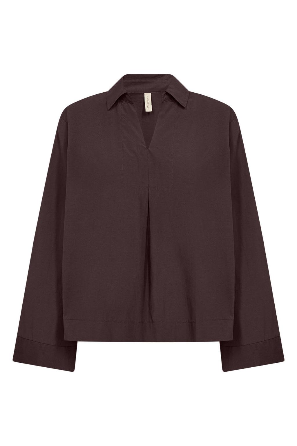 Bruine dames Soyaconcept top van polyester met effen, lange mouwen en klassieke kraag