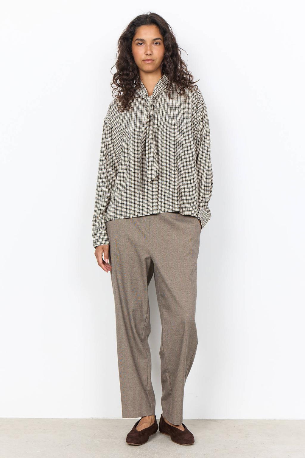 Multikleurige dames Soyaconcept geruite top meerkleurig van viscose met lange mouwen en sjaalkraag