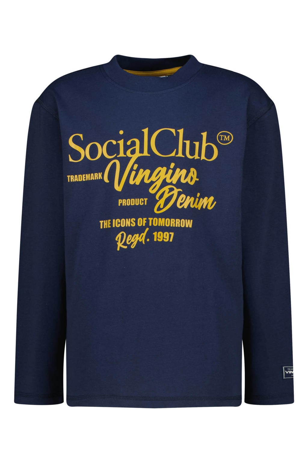 Donkerblauwe jongens Vingino rechtvallende longsleeve van katoen met printopdruk, lange mouwen en ronde hals