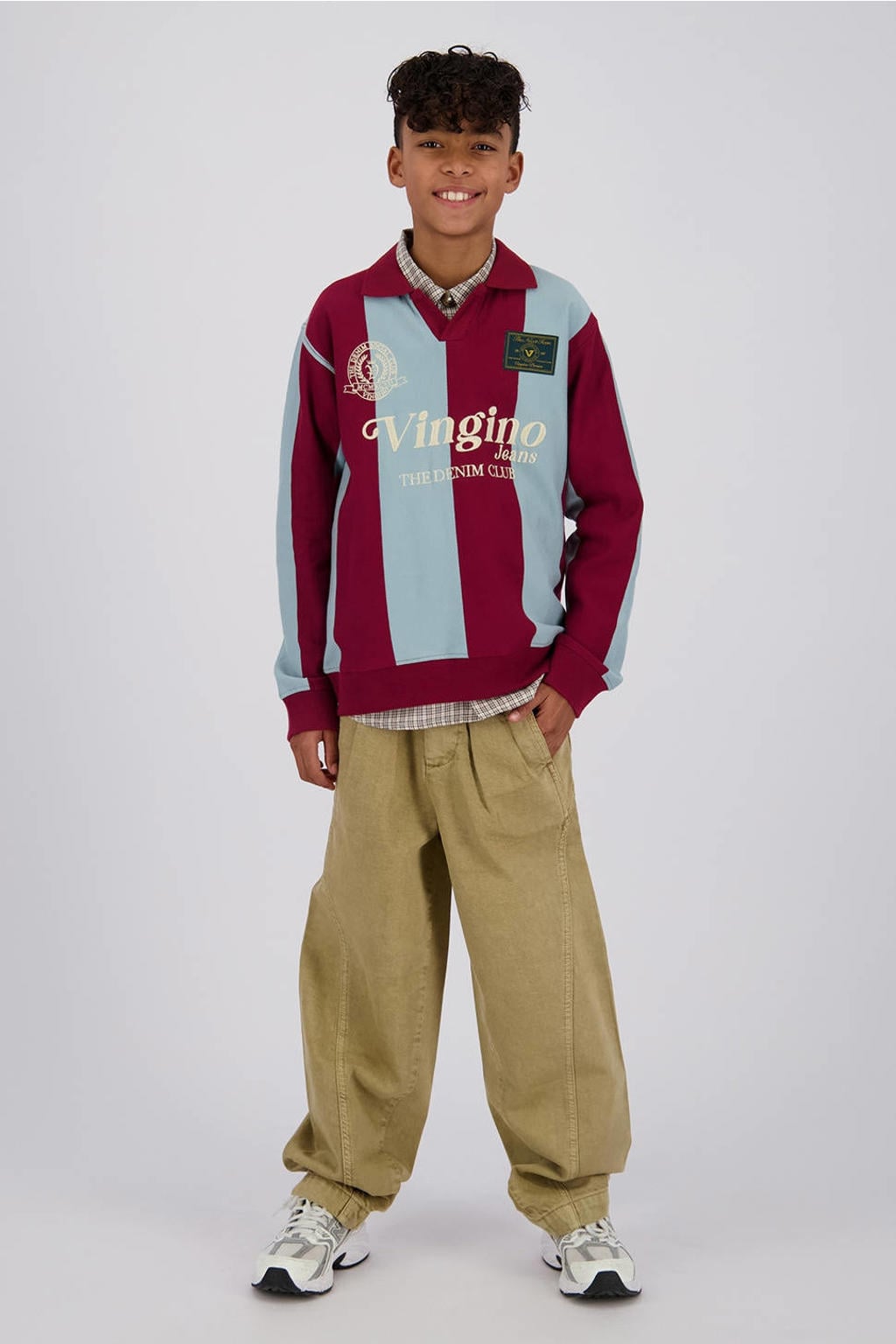 Zandkleurige jongens Vingino Keanu baggy jeans van denim met regular waist, rits- en knoopsluiting en effen