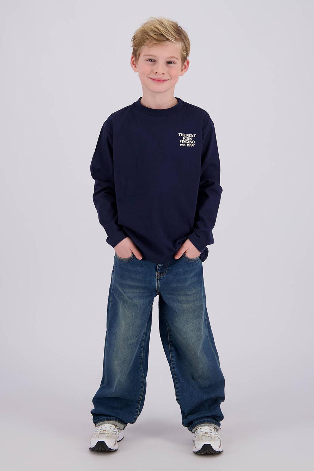 Donkerblauwe jongens Vingino oversized longsleeve van katoen met backprint, lange mouwen en ronde hals