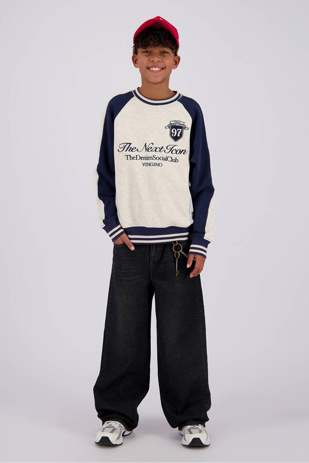 Black denim jongens Vingino Lazarro baggy jeans van denim met regular waist, rits- en knoopsluiting en effen