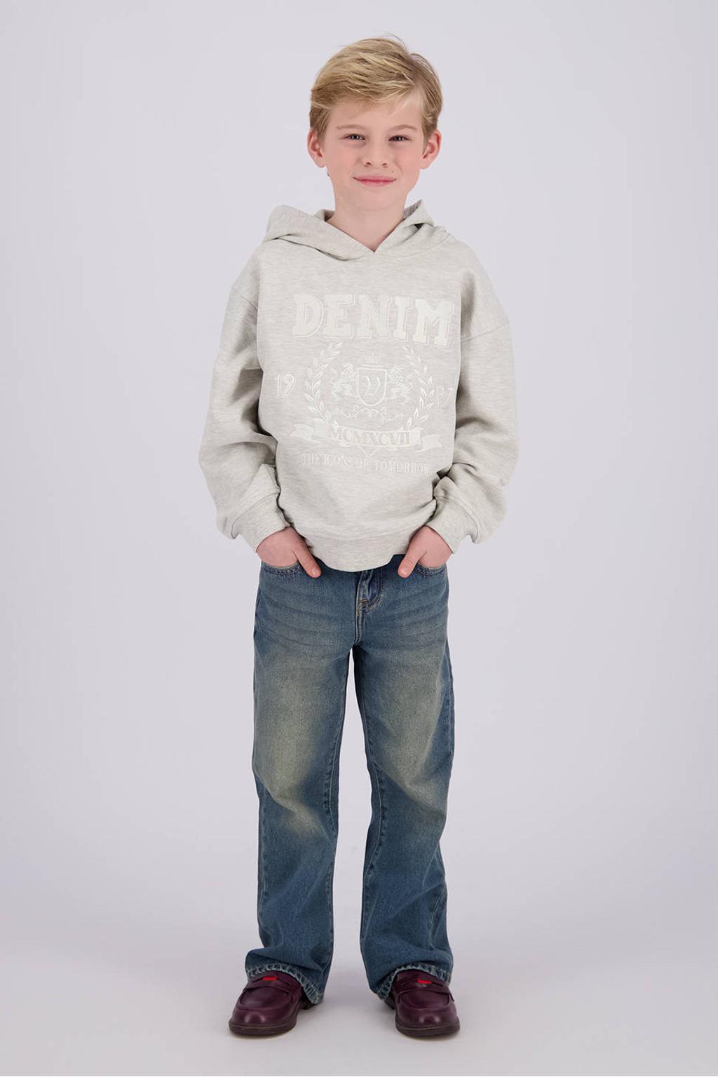 Beige jongens Vingino oversized hoodie van sweat materiaal met printopdruk, lange mouwen en capuchon