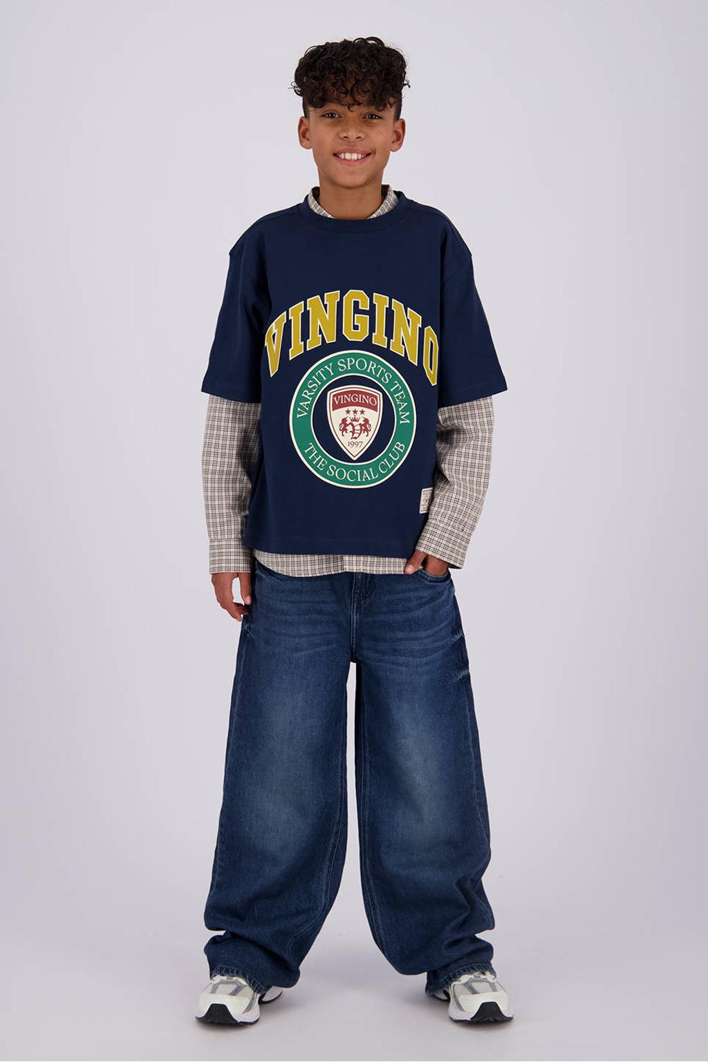 Dark blue denim jongens Vingino Lazarro baggy jeans van denim met regular waist, rits- en knoopsluiting en effen