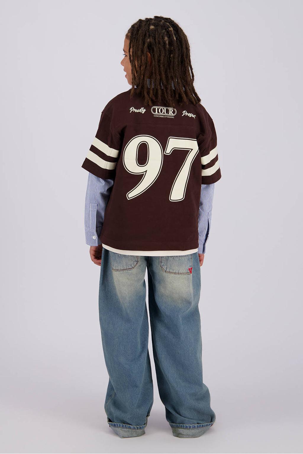 Donkerbruin, blauw en witte jongens Vingino oversized longsleeve van katoen met backprint, lange mouwen en klassieke kraag