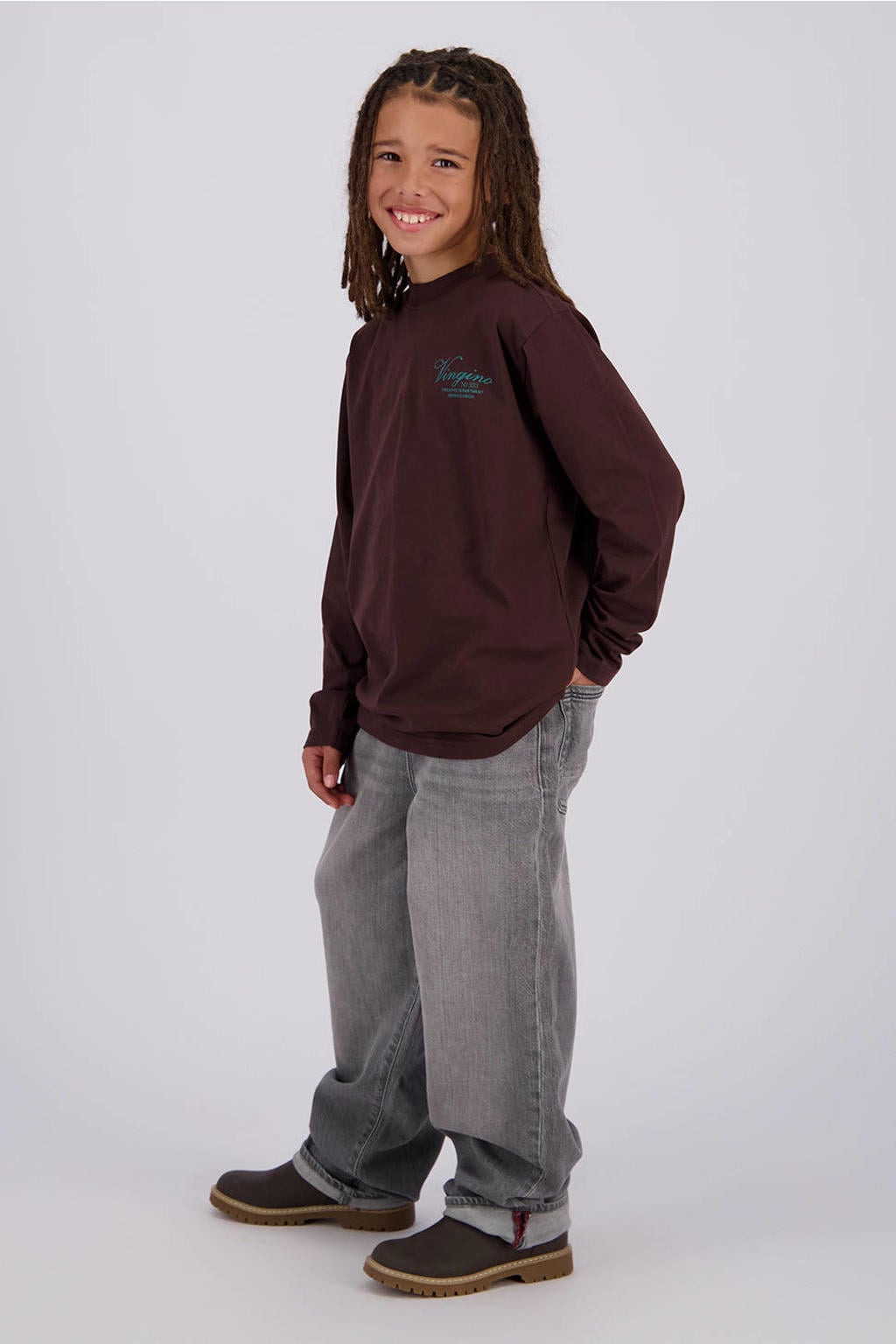 Vingino oversized longsleeve met backprint - donkerbruin/blauw