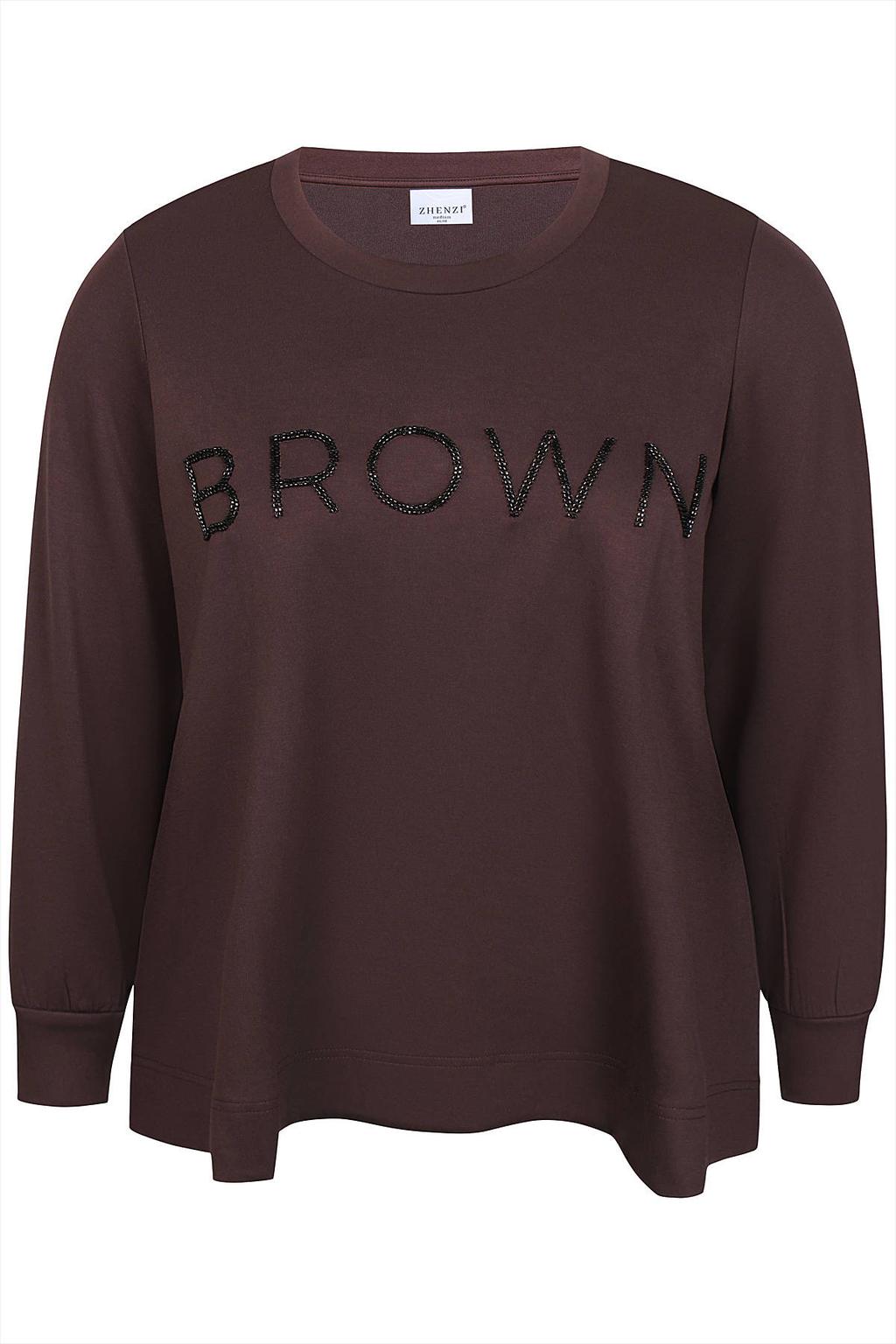 Bruine dames Zhenzi sweater Plus Size van polyester met tekst print en lange mouwen