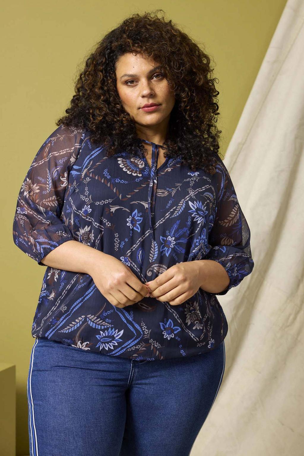 Donkerblauwe dames Zhenzi gebloemde top Plus Size van polyester met driekwart mouwen
