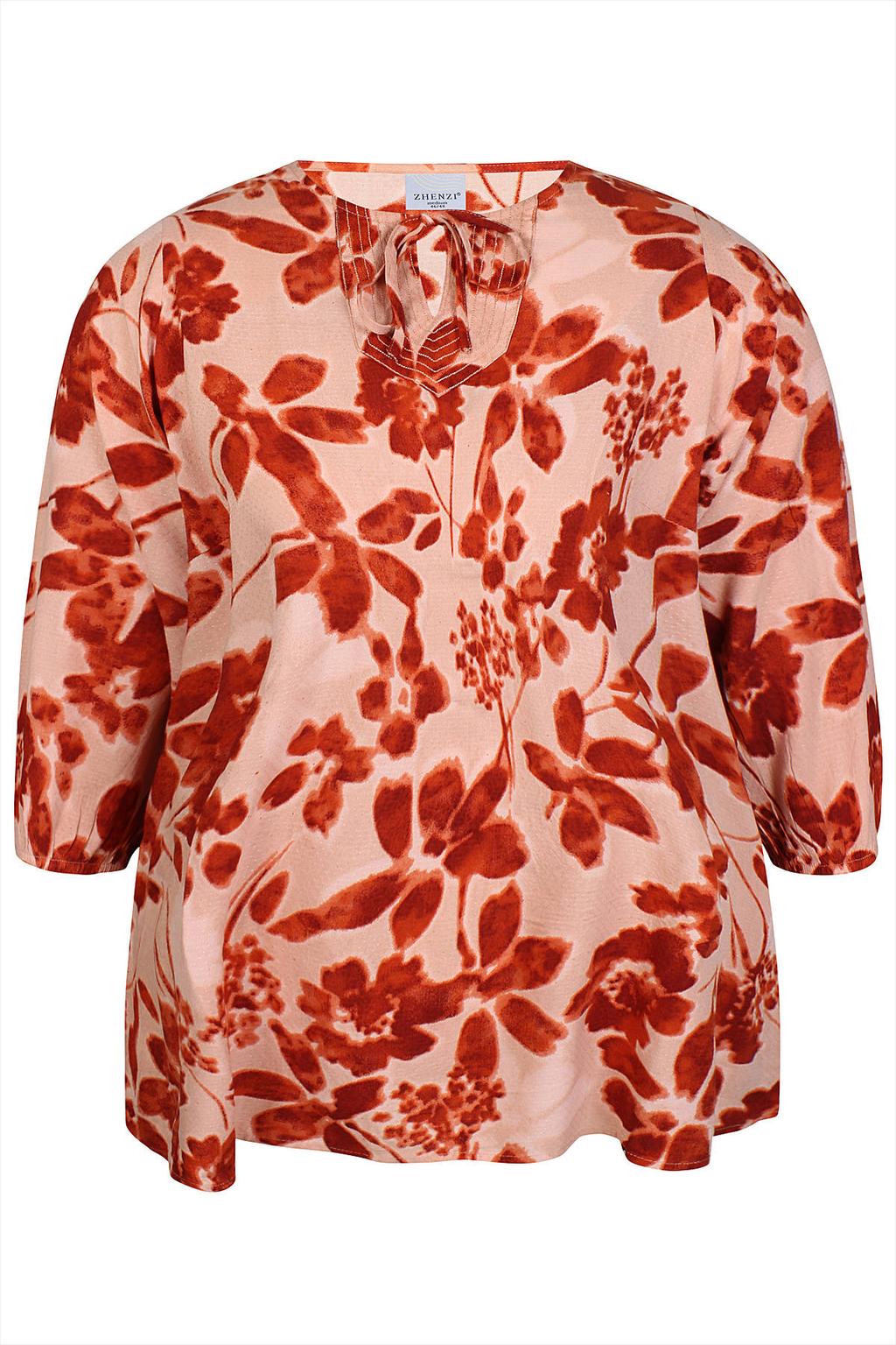 Rode dames Zhenzi gebloemde top Plus Size van viscose met driekwart mouwen en strikkraag