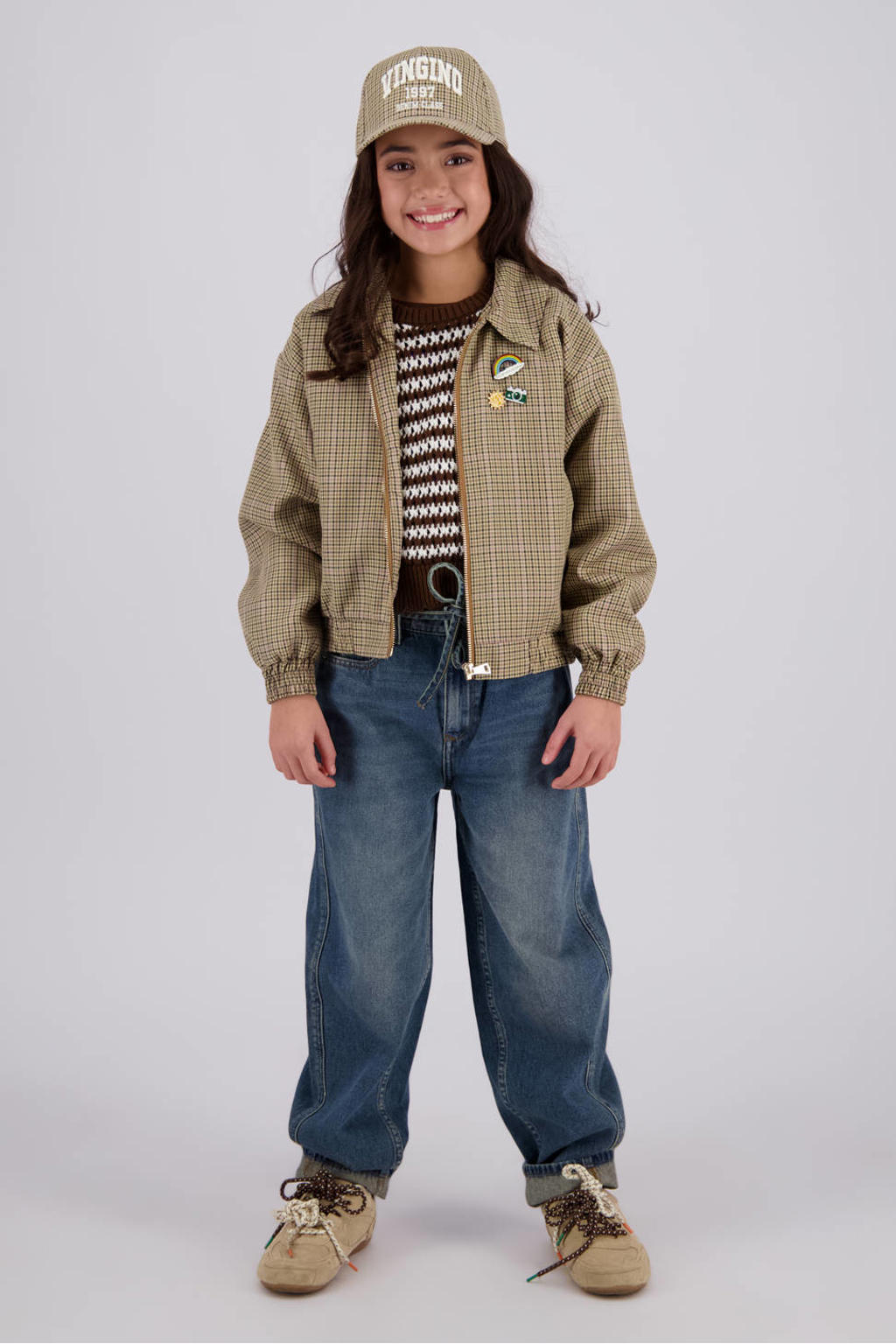 Bruine meisjes Vingino geruite jas van polyester met lange mouwen, ritssluiting en patches