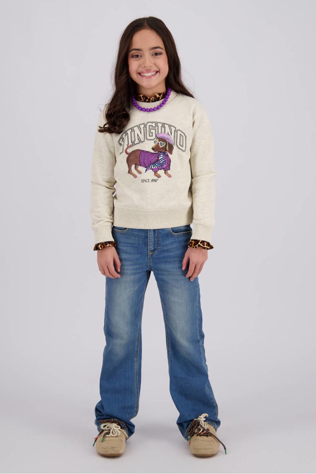 Beige meisjes Vingino rechtvallende sweater met printopdruk, lange mouwen en ronde hals