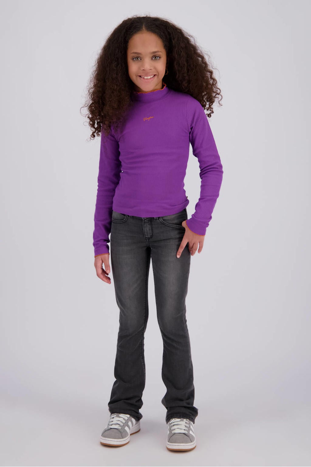 Grey denim meisjes Vingino Britte flared jeans van katoen met regular waist en effen
