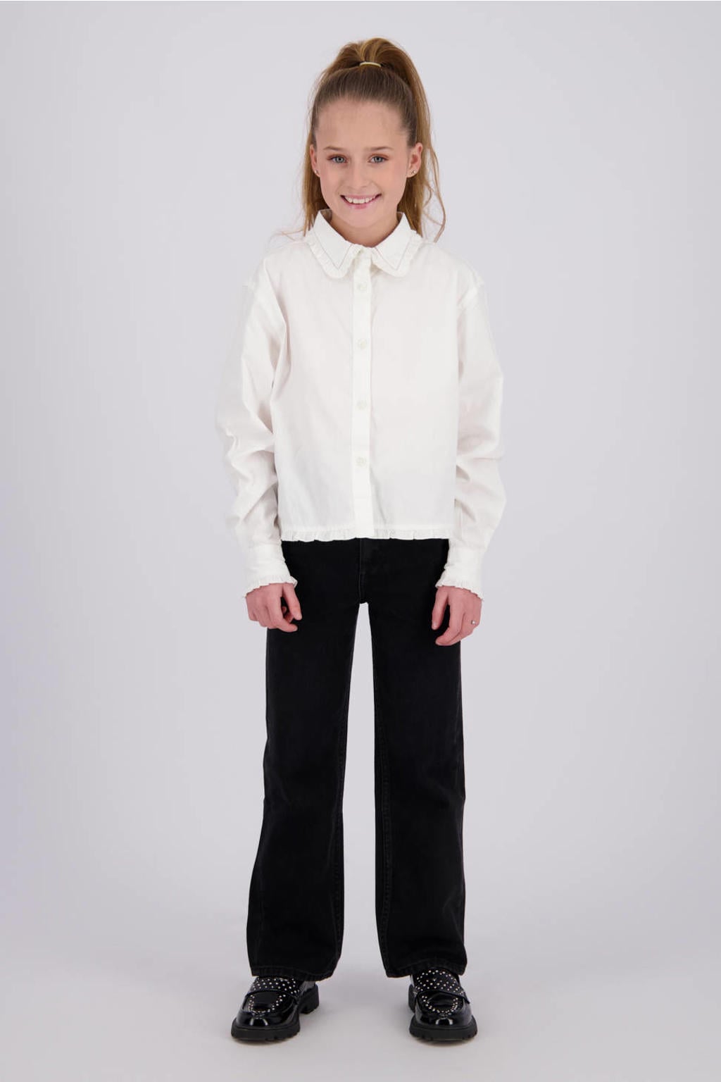 Witte meisjes Vingino rechtvallende blouse van katoen met effen, lange mouwen, klassieke kraag, knoopsluiting en ruches