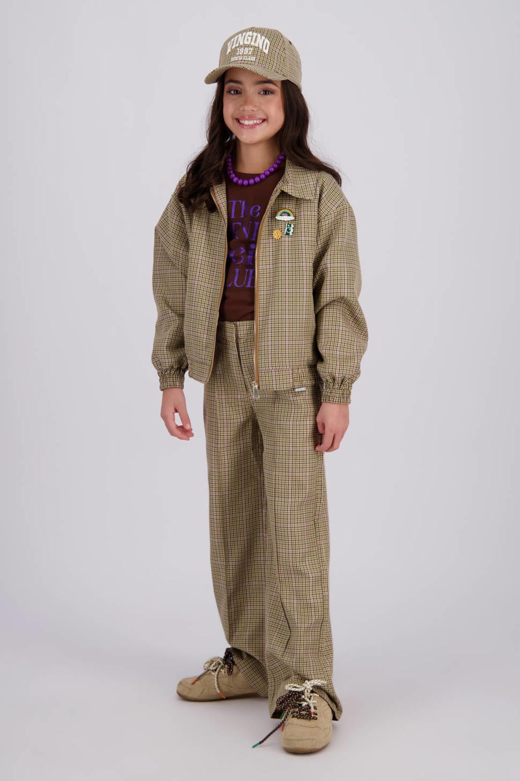 Bruine meisjes Vingino wide leg geruite casual broek met rits- en knoopsluiting
