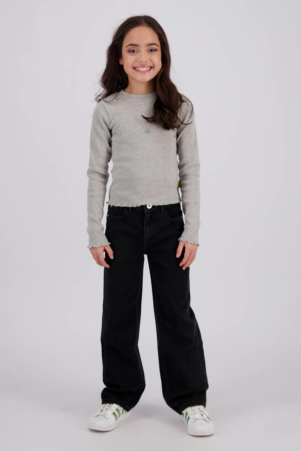 Grijze meisjes Vingino rechtvallende longsleeve van katoen met effen, lange mouwen, ronde hals en rib gebreide details
