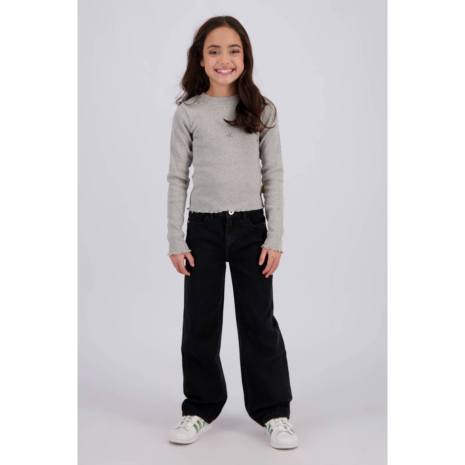 Vingino rechtvallende longsleeve met strass-steentjes grijs