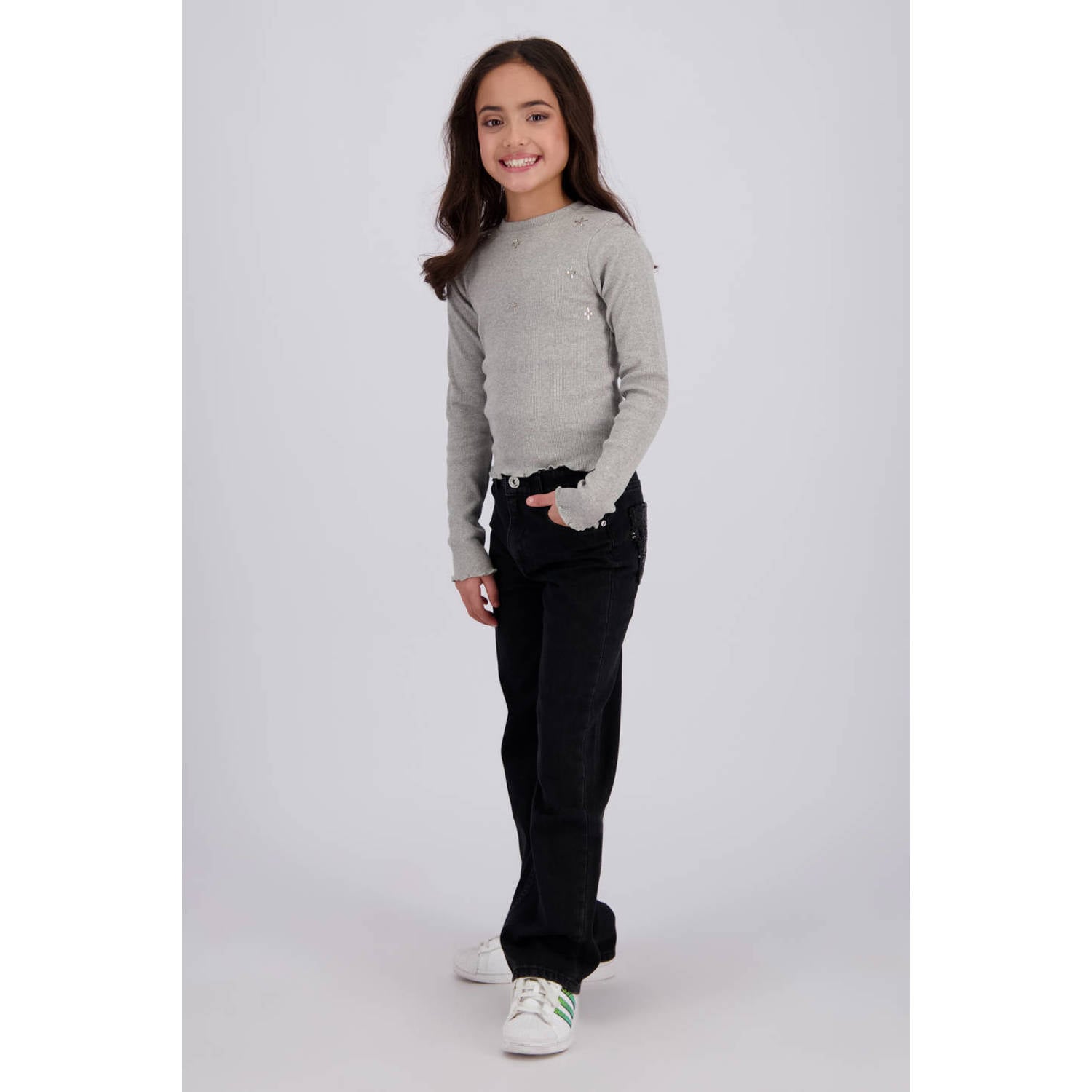 Vingino rechtvallende longsleeve met strass-steentjes grijs
