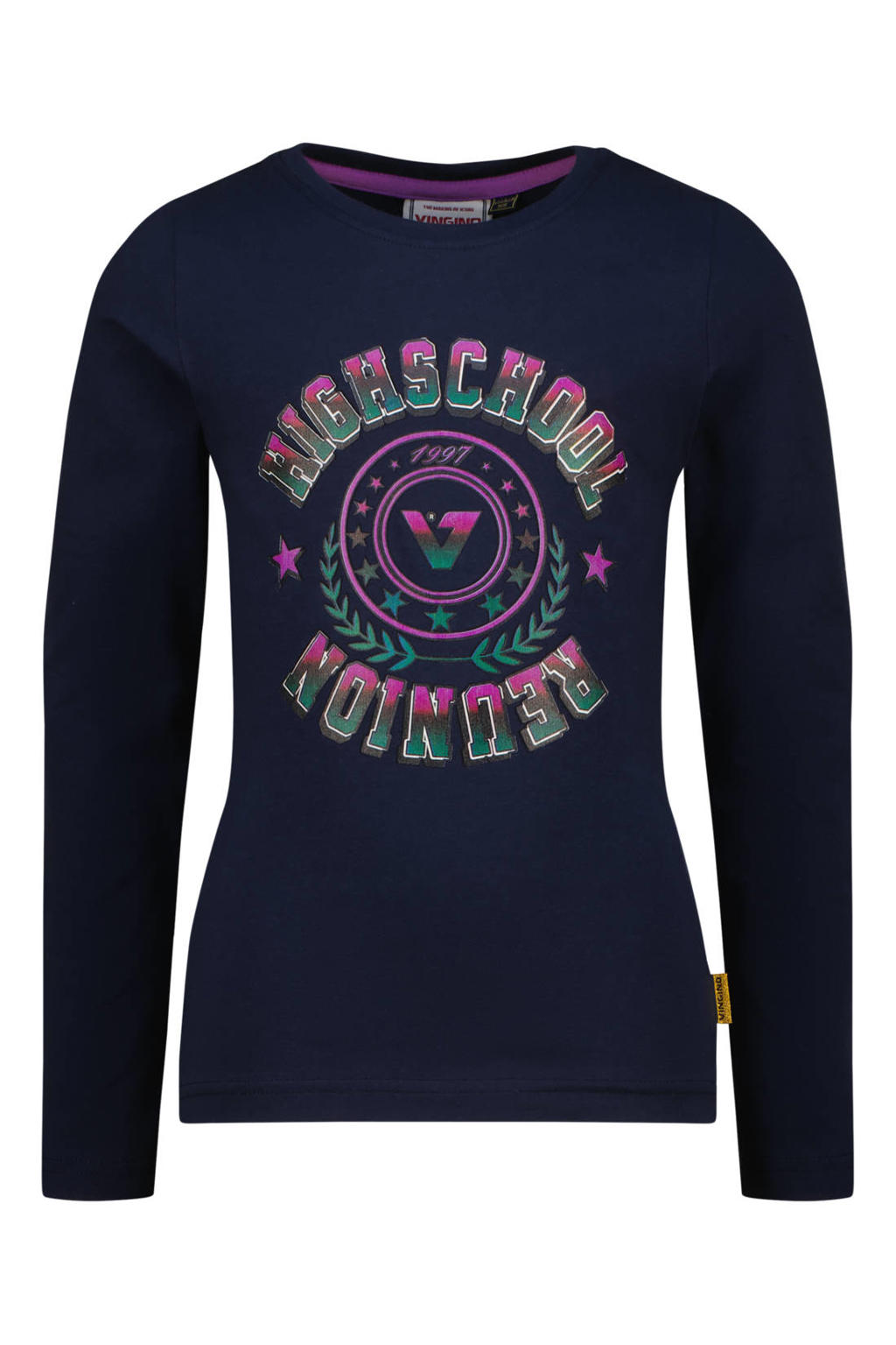 Donkerblauwe meisjes Vingino rechtvallende longsleeve van katoen met printopdruk, lange mouwen en ronde hals